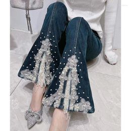 Women's Pants Spring Fall Women High Waisted Pearls Beading Tassel Embroidery Flare Jeans Woman Stretch Blue Black Beads Denim Trousers