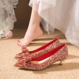 Dress Shoes BKQU Shiny Glitter Pumps Women Slip-On Sweet Bowknot High Heels Woman Shining Thin Wedding Party 2023