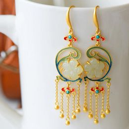 Dangle Earrings & Chandelier Natural Hetian White Jade Flower Enamel Porcelain Long Chinese Court Style Retro Gold-plated Tassel Women's