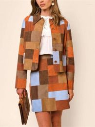 Women's Jackets Women Vintage Suede Multi-Color Patchwork Suit 2023 Early Spring Ladies Turn-Down Collar Long-Sleeved Jacket Or A-Shaped