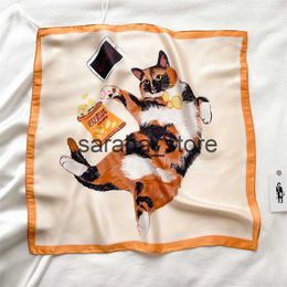 Scarves Fashion Silk Satin Square Scarf Women Cat Print Small Neckerchief Hair Bandana Female Head Scarves Shawl Foulard 2022 J230801