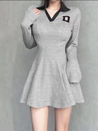 Casual Dresses Vintage Bodycon Dress Women Preppy Style Y2k Sexy Gray 2023 Autumn Long Sleeve High Waist Slim Robe