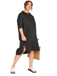Plus Size Dresses Long Rolling Sleeve Spring Autumn Elegant Shirt Dress Women Button Front Black Hi Low Business Casual Midi 6XL