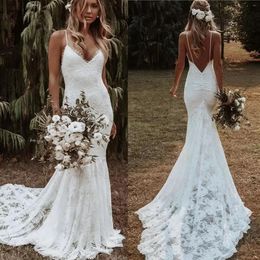 Bohemian Mermaid Wedding Dresses 2022 Backless Lace Applique Beach Country Spaghetti Straps Bridal Gowns Vestido De Noiva CG001205R