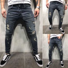 Men's Pants Men's Cool Designer Brand Pencil Jeans Tight Fit Tear Breaking Elastic Ultra Thin Suitable for Men's Jump Pants Z230801