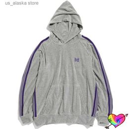 Men's Hoodies Sweatshirts 2022 Grey Velvet Needles Hoodie Men Women Purple Stripe 1 1 Embroidery Butterfly Needles AWGE Hoodie Hooded Sweatshirts T230731