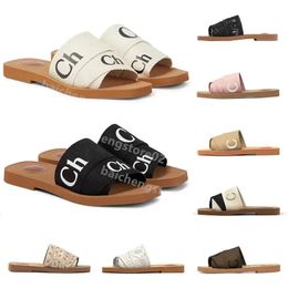 designer Woody sandals womens Mules flat slides Light tan beige white black pink lace Lettering Fabric canvas slippers for women summer outdoor shoes B2