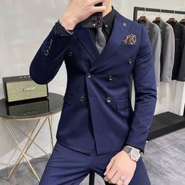 Men's Suits ( Jacket Vest Pants ) High-end Brand Solid Colour Formal Double-breasted Suit Three-piece Set Party Groom Wedding Dress