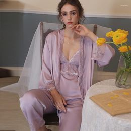 Women's Sleepwear Lace V-neck 3pcs Pajamas Set Sexy Suit Satin Sleep Dress Homewear Women Kimono Bath Robe Gown Spring Causal Nightwear