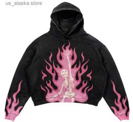 Men's Hoodies Sweatshirts European and American trendy brand original personality flame skull print retro high street loose long-sleeved couple hooded top T230731