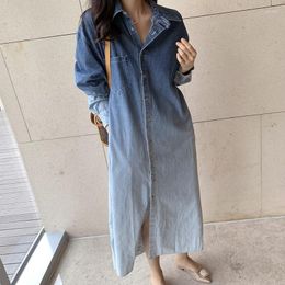 Casual Dresses 2023 Turn-turn Collar Button Denim Dress Shirt Maxi Long Sleeve Vestido Vintage Fall Spring Korean Femme Robe