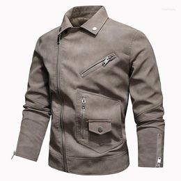 Men's Jackets PU Diagonal Zipper Leather Jacket Multi-pocket Lapel Fashion Male High Quality Autumn Coats For Men