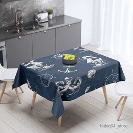 Table Cloth Country Tablecloth Map Ocean Sailing Blue Rectangular Anchor Shell Picnic Plastic Waterproof R230801