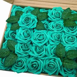 Decorative Flowers Mefier Artificial 25/50pcs Real Looking Teal Green Fake Roses W/Stem For DIY Wedding Bouquets Bridal Home Decorations