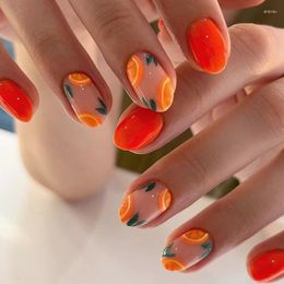 False Nails 24Pcs Orange Short Summer With French Design Wearable Full Cover Fake Simple Press On Tips Artificial