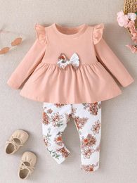 Clothing Sets Born Baby Girl Clothes Cute Bow Tee Shirt Flower Print Pants Fall Winter 2PCS Outfits For (Purple 12-18 Months)