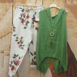 Women's Two Piece Pants 2 Pcs/Set Women Tops Set Solid Colour Top Deep V Neck Casual Sleeveless Floral Pattern Blouse Trousers Clothes