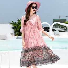 Casual Dresses Summer Handmade Beaded Lotus Leaf Sleeve Silk Dress Medium Long Stitched A-line Skirt