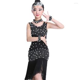 Stage Wear Girls Kids Modern Ballroom Latin Dance Dress Sequins Tassel Fringe Salsa Tango Black Performance