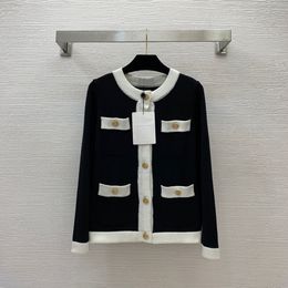 2023 Autumn Black / Ivory Contrast Colour Contrast Trim Knitted Cardigan Sweater Long Sleeve Round Neck Double Pockets Single-Breasted Sweaters Coats B3G011528