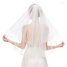 Bridal Veils Wedding Veil With Comb Illusion Tulle Pearl Beads Sheer Hair Accessories For Bride 2 Tiers Elbow Length