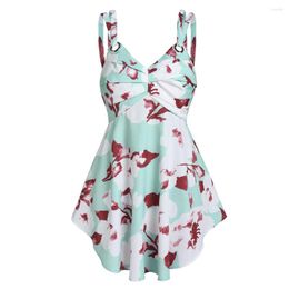 Women's Tanks Flower Print Long Tank Top Ruched Bust Summer Asymmetrical Hem O Ring Double Straps Tops