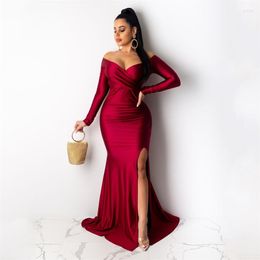 Casual Dresses Znaiml Evening Party Long Sleeve Split Mermaid For Women Sexy Off The Shoulder Slash Neck Formal Occasion Vestidos