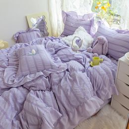 Bedding sets Purple Princess Set Luxury Solid Colour Duvet Cover Pillowcase Linens Twin Queen King Bed Sheet Woman Girl Kawaii 230731