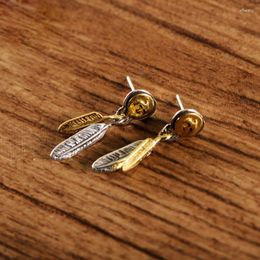 Hoop Earrings Real 925 Sterling Silver Gold Plated Flying Seagull Feather MeiBaPJ Fine Charm Jewelry For Men