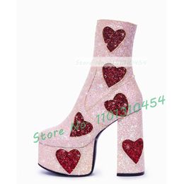 Boots Pink Glitter Platform Ankle Boots Women Lovely Red Heart Decals High Block Heels Shoes Ladies Sparkly Fashion Party Dress Boots 230801