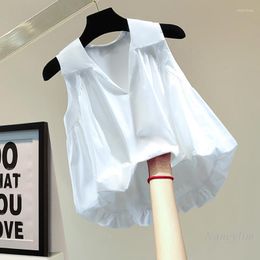 Women's Blouses Irregular Pullover Shirt For Women 2023 Summer Korean Style High Waist Short Pleated Sleeveless V-neck Blouse All-Matching