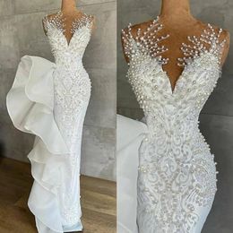 Luxurious Pearls Mermaid Wedding Dresses Beaded Crystals Lace Jewel Neck Sequined Bridal Gowns Robe de mariee281Z