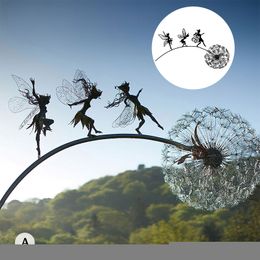 Decorative Objects Figurines Dancing Fairy Statue Steel Wires Elf Dandelion Miniature Sculpture Mythical Garden Figurine Fairies Pixies Yard Decor 230731