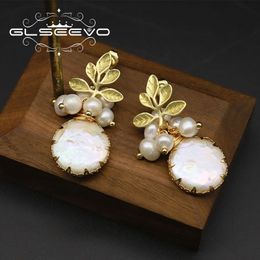 Stud GLSEEVO Natural Fresh Water Big Baroque Pearl Earrings Women Plant Leaves Dangle Earrings Luxury Handmade Fine Jewellery GE0308 230731