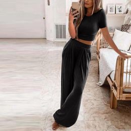 Women's Two Piece Pants Solid Colour Loose Knitted Casual Home Short Sleeve Wide Leg Long Set Korean Style Sport Sets