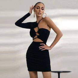 Casual Dresses Fashion One-shoulder Long Sleeve Dress Women INS Style Sexy Top Hollow Out Bandage Bra Party Ties Sheath Wrap Hip Skirt