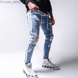 Men's Jeans Skinny ripped jeans men Pants Pencil Biker Side Striped Jeans Destroyed Hole Hip Hop Slim Fit Man Stretchy Jean Print 211104 Z230801