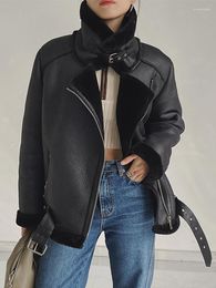 Women's Leather Winter Streetwear Faux Lamb Jacket Women Fashion Lapel Zipper Thickness Sheepskin Moto Biker Coat With Belt