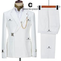 Men's Suits Blazers Cenne Des Graoom Summer White Blazer Jacket Pants Set Suits For Men Metal Side Release Buckle Wedding Party Prom Dress 230731