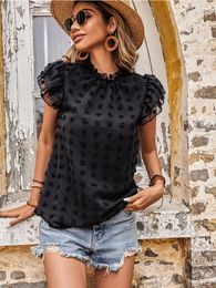 Women's Blouses Jacquard Black Top Ruffles Tee Shirt Femme Casual Solid O-neck T Summer Outfits For Women 2023 Fashion Tops