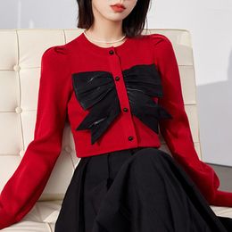 Women's Sweaters Red Sweater Women Fall Winter 2023 Bowknot Buttons Color Block Short Knitwear Tops Pullover Full Sleeve 37915