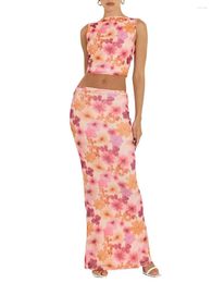 Two Piece Dress Women S Boho Floral Print Off Shoulder Crop Top And High Waist Maxi Skirt Set Y2K Summer Fashion With Ruffled Hem Side Slit