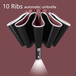 Umbrellas Fully Automatic UV Umbrella With LED Flashlight Reflective Stripe Reverse Large Umbrellas For Rain Sun Heat Insulation Parasol 230731