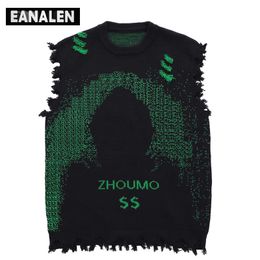 Men's Vests Harajuku black green tattered fringed sweater vest women's y2k Vintage oversized knitted ugly sleeveless sweater men's aesthetic 230731