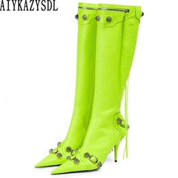 Boots AIYKAZYSDL Women Pointed Toe Metallic Rivets Studs Punk Boots Knee High Neon Green Yellow Pink Long Gothic Boots Side Zipper 230801