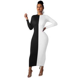 Designer Maxi Dress Women Long Sleeve Bodycon Dress Sexy Black White Patchwork Print Long Dress Party Night Clubwear Bulk Wholesale Clothes 9079