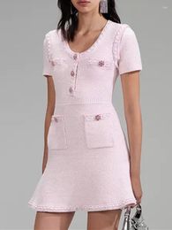 Casual Dresses Women Mini Dress Diamond Button Short Sleeve Knit Sweet Robes