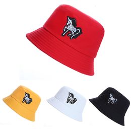 Wide Brim Hats Bucket Foldable Hat Men Women Sun Cap Summer Horse Embroidery Bob Panama Outdoor Casual Sports Fisherman Male 230801