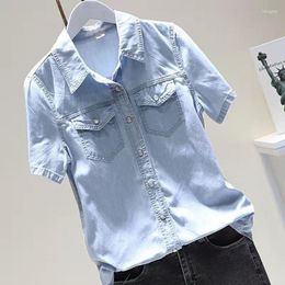 Women's Blouses Summer Women Short Sleeve Cotton Denim Single Breasted Blouse Turn-down Collar Pockets Casual Shirts W186