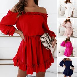 Casual Dresses Women Summer Dress Off Shoulder Backless Ruffle Long Sleeves Lady Pleated Patchwork A-line Prom Party Mini